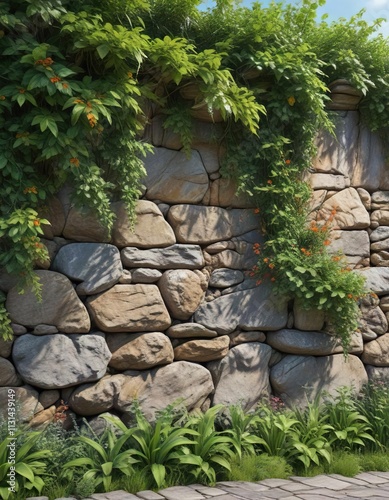 Dense foliage covering a weathered stone wall, vine covered wall, greenery photo