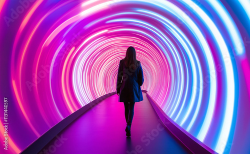 Silhouette of a woman walking through a vibrant tunnel of swirling neon pink, blue, and purple lights. photo