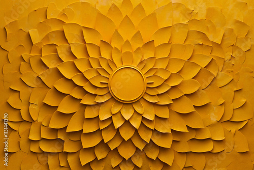 A large yellow flower made out of paper on a yellow wall