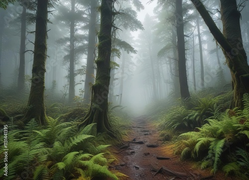 A misty forest with ferns and moss growing on the trunks of trees, organic shapes, plant life, earthy tones photo