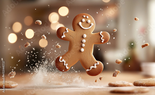 A cheerful gingerbread man surrounded by flying cookies and flour, capturing a festive and playful holiday moment. photo