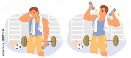 Portrait set of tired fatigue and excited motivated sportsman during sports training at gym vector illustration. Fitness and bodybuilding for health and wellbeing concept