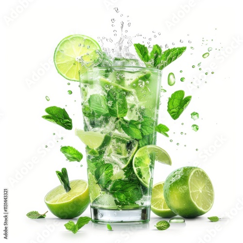 A vibrant mojito with fresh mint leaves and lime wedges muddled into the drink, served in a tall, chilled glass photo