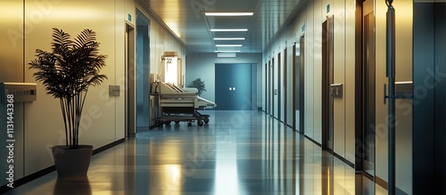 Empty hospital corridor with a plant and a gurney. photo