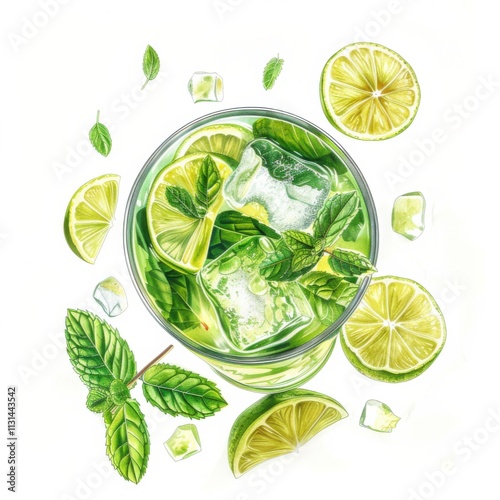 A vibrant mojito with mint leaves and lime wedges, showcased against an isolated white background, hyper-realism art style photo