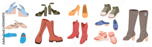 Variety assortment of female shoes, bots, slippers, high-heels, sandals, sneakers for different season and weather isolated set. Woman fashion and style concept