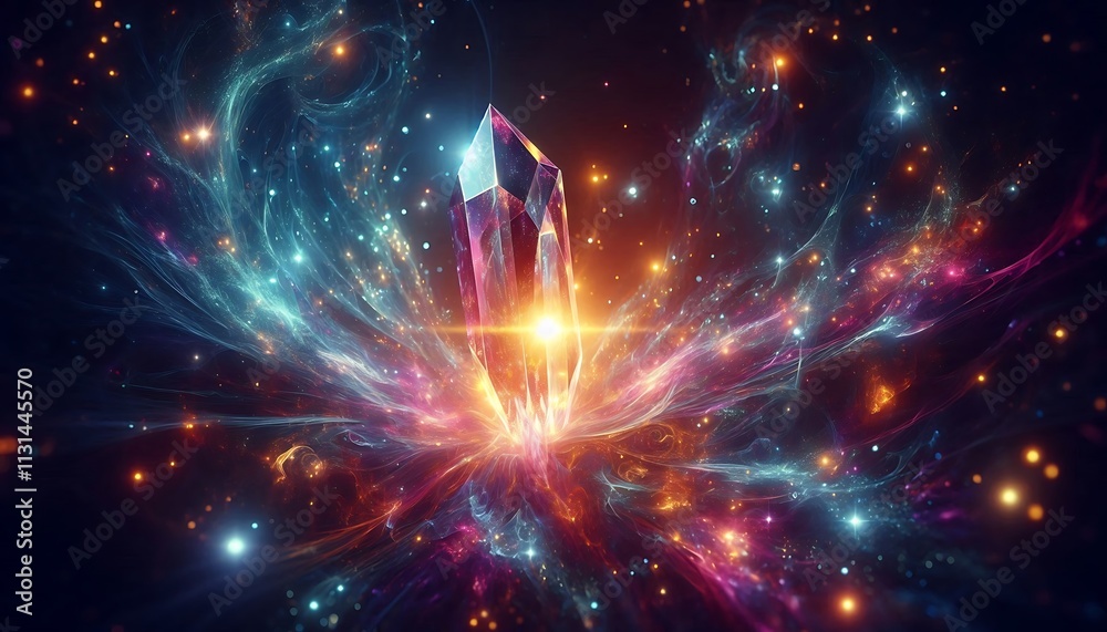Obraz premium glowing cosmic crystals floating gracefully in dark space illuminated by vibrant light, generative ai