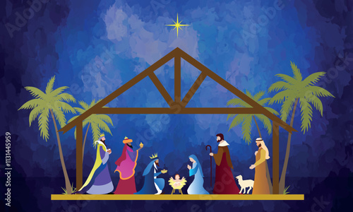 Christmas Nativity scene background. The Adoration of the Magi. Vector illustration EPS10.