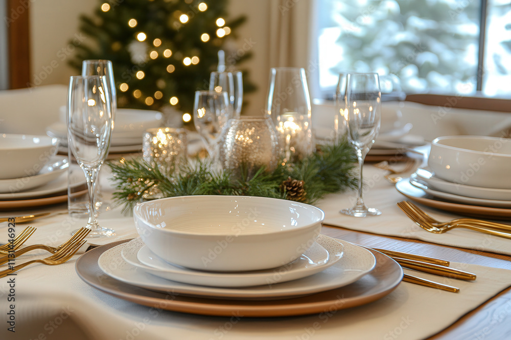 A modern holiday table setting with clean white dinnerware, golden cutlery, and a soft green sprig A modern holiday table setting with clean white dinnerware, golden cutlery, and a soft green sprig