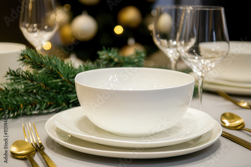 A modern holiday table setting with clean white dinnerware, golden cutlery, and a soft green sprig photo