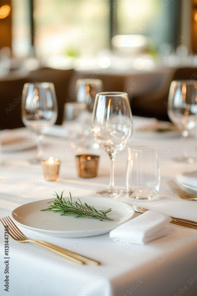 Fototapeta premium A modern minimalist table with a clean white theme, green sprigs on plates, and golden flatware