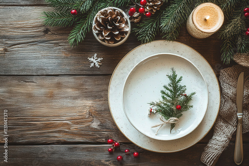 A Scandinavian-inspired holiday table with light wood, white dinnerware, and an evergreen sprig photo