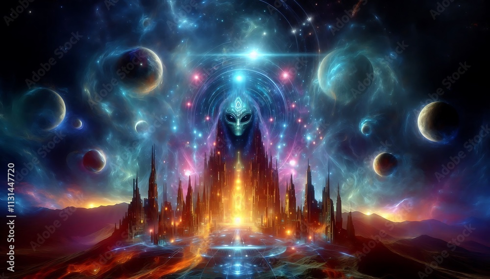 Obraz premium glowing ancient alien ruins illuminated by vibrant cosmic energy against dark space backdrop, generative ai