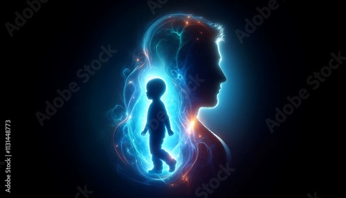 glowing child silhouette emerging from the shadow of an adult figure, symbolizing inner child psychology, generative ai