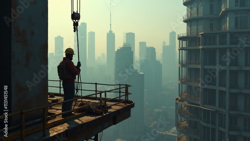 Capture the strength and dedication of construction workers as they engage in physically demanding tasks while building skyscrapers or bridges, showcasing the teamwork, skill, and bravery required in  photo