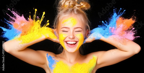 A joyful woman covered in vibrant colors celebrates creativity and fun, making it ideal for ads related to art, festivals, beauty, or youth events, Perfect for blogs and marketing campaigns, photo