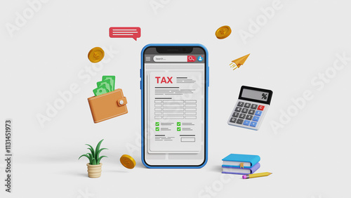 Digital tax calculation form and financial management concept. Income tax, tax return file, tax documents. Government taxes and calculation tax return. 3D smartphone with online tax form