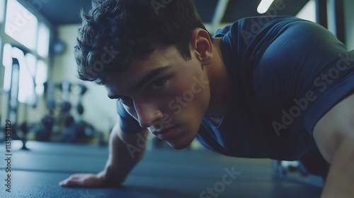 Pushing Limits: A close-up shot of a determined young man doing push-ups in a dimly lit gym. His focused expression reveals his unwavering commitment to fitness and strength.  