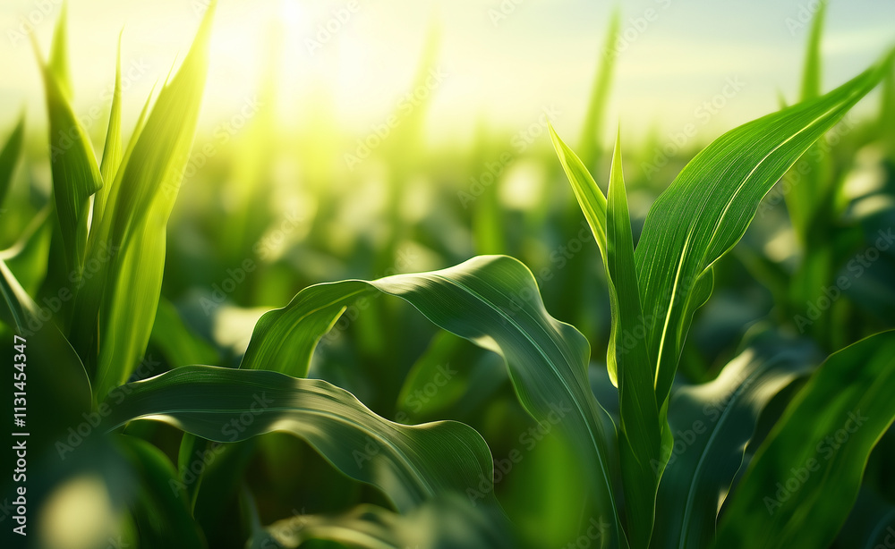 Obraz premium Close-up of fresh green corn plants in a sunlit field, showcasing vibrant leaves and a healthy agricultural setting.