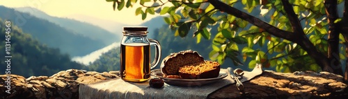 Ethiopian ambasha bread with honey, set near a tribal village and savannah landscape photo