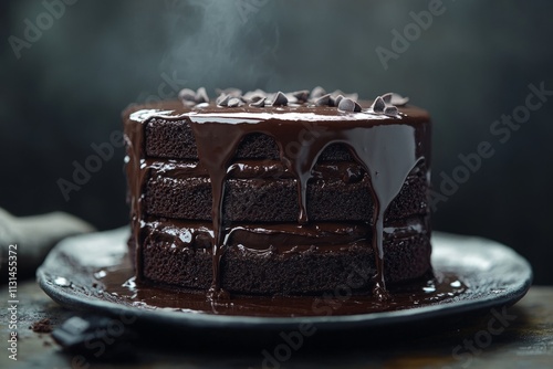 Delicious layers of moist chocolate cake are covered in a rich chocolate ganache, steaming hot and topped with chocolate chips photo