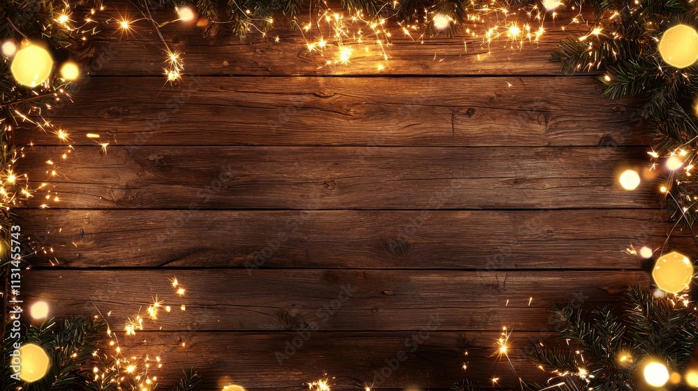 Obraz premium Frame of lights bokeh golden flares and sparkler isolated on rustic brown wooden texture - Holiday New Year's Eve Silvester New Year Party festive background banner greeting card