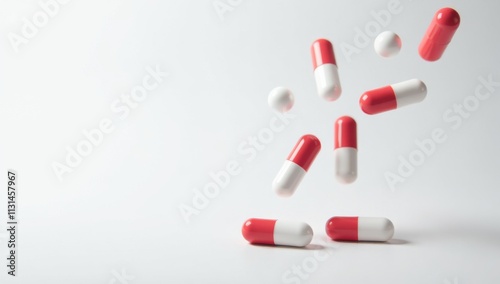 Falling red and white medicine pill capsules on White background. Antibiotics, Capsules PNG 