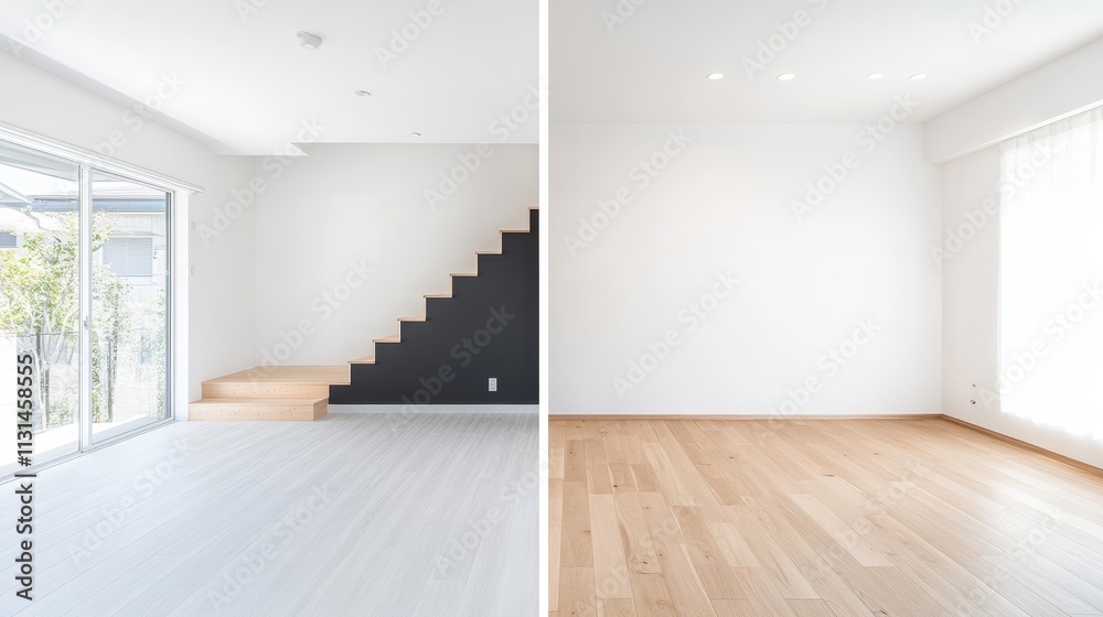 Fototapeta premium Modern minimalist interior design featuring a light wooden floor, bright white walls, and a contrasting black accent wall, creating a stylish and inviting atmosphere