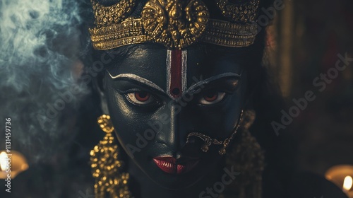 Intense portrayal of a Hindu goddess, dark and powerful, with elaborate gold jewelry and painted face, dramatic lighting and smoke. photo