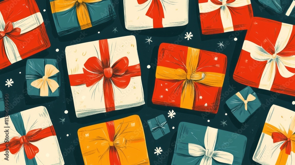 Fototapeta premium Pattern of wrapped Christmas gifts with bows and ribbons in various sizes and colors