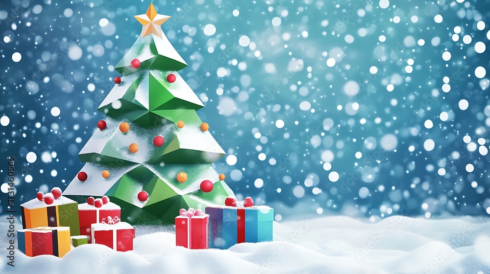 Naklejka premium Geometric Christmas tree and gifts in a snowy scene, perfect for holiday greetings.