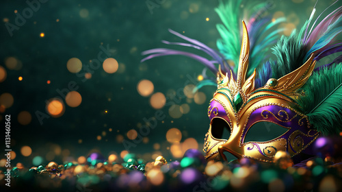 Ornate golden Mardi Gras mask with green and purple feathers surrounded by festive beads on a blurred green background with glowing bokeh lights. Celebration and carnival concept.
