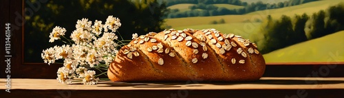 Scottish bannock bread with oats, resting on a table with rolling green Highlands in the background photo