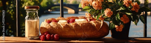 Rustic French baguette filled with brie and berries, served on a wooden board by a tranquil Parisian river scene photo