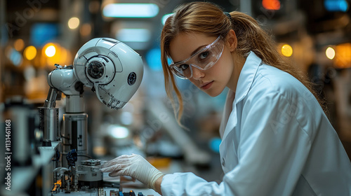 A female robotics engineer, working on a humanoid robot, surrounded by high-tech equipment and futuristic tools in a clean, modern laboratory.