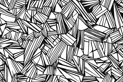 A dynamic geometric pattern featuring sharp black lines and diverse shapes on a white background.