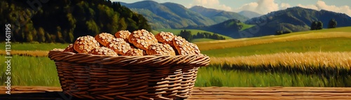 Scottish bannock bread with oats, resting on a table with rolling green Highlands in the background photo