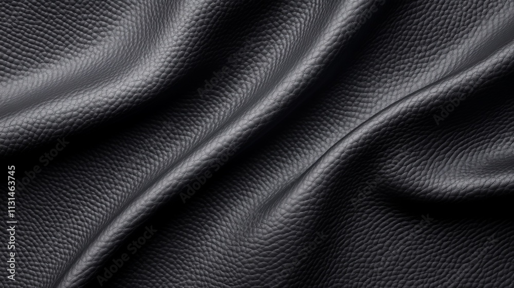 Naklejka premium Detailed Close-Up of Textured Black Leather Fabric with Soft Ripples and Natural Shine for Fashion, Design and Artistic Projects