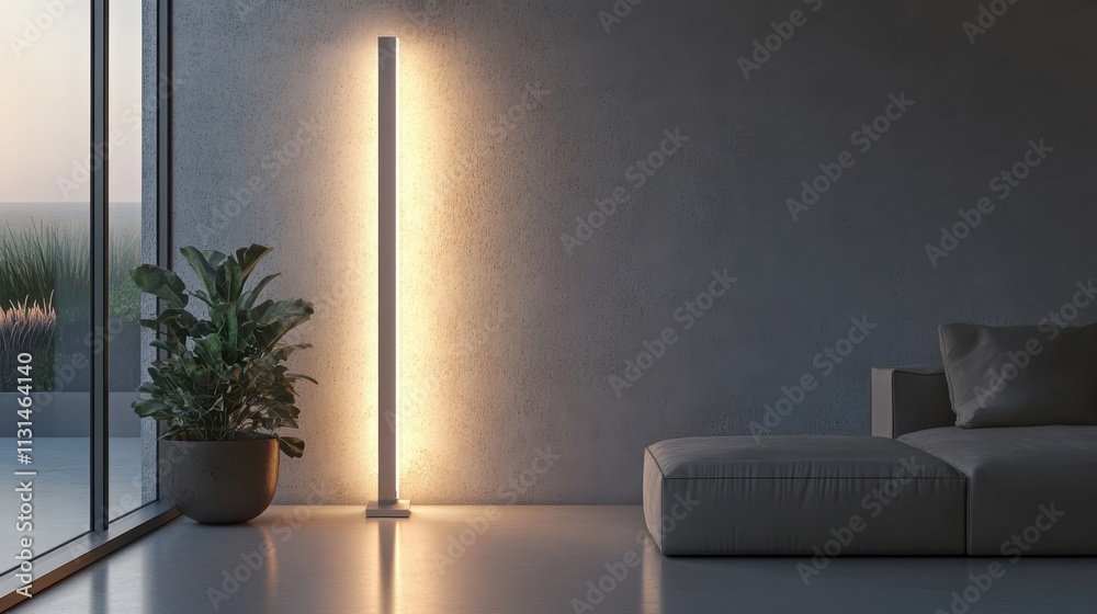 Fototapeta premium Modern Thin Rectangular LED Floor Lamp in Cozy Setting