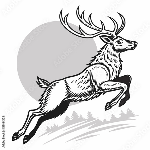 A stylish tattoo design featuring a reindeer in a dynamic jumping pose, perfect for body art enthusiasts or graphic design projects.