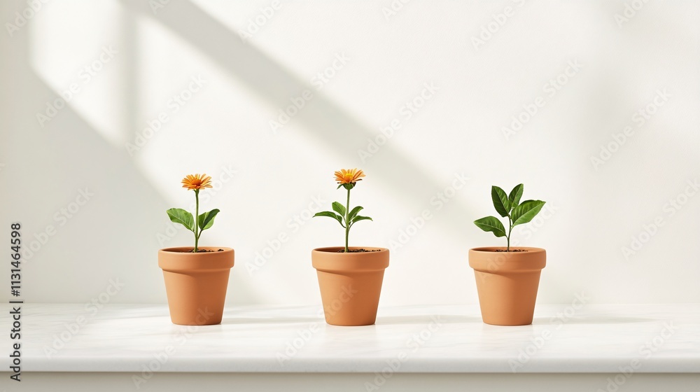 Fototapeta premium Three Potted Plants on a Minimalist Table