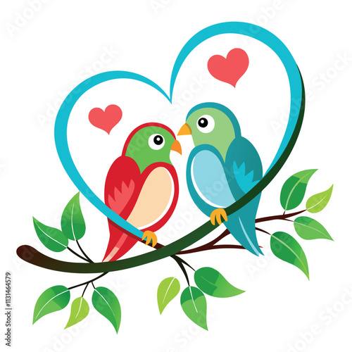 two lovebirds sitting heart shaped branch vector illustration