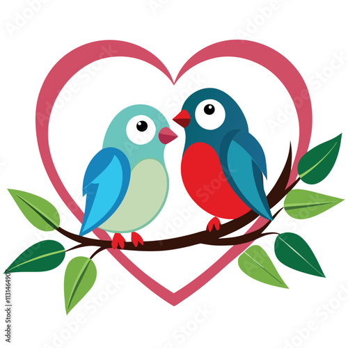 two lovebirds sitting heart shaped branch vector illustration