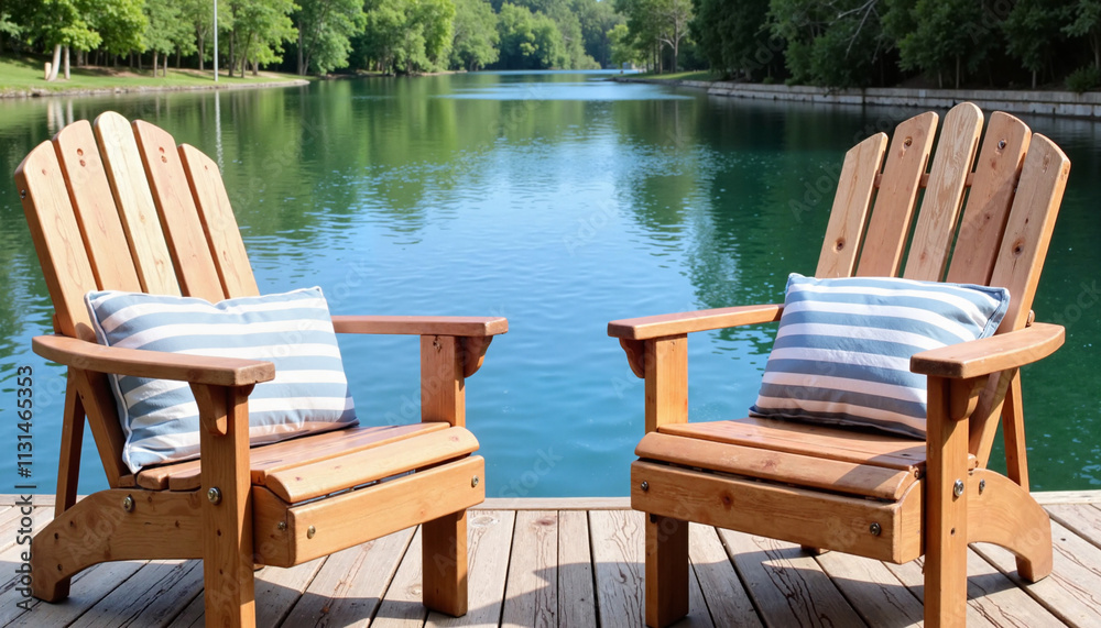 Fototapeta premium Two Adirondack chairs on a dock by the water. 