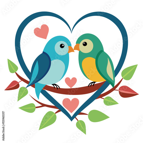 two lovebirds sitting heart shaped branch vector illustration