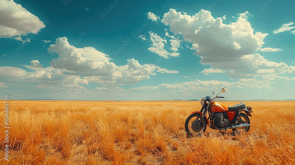 Naklejka premium A red motorcycle sits in a field of tall grass under a bright blue sky.