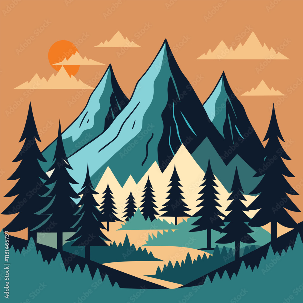 Obraz premium Mountain with tree vintage print design
