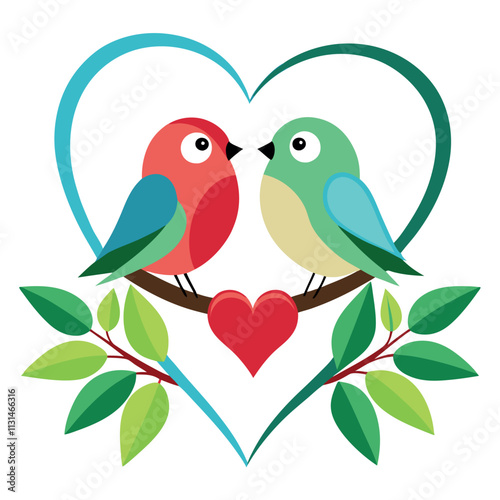 two lovebirds sitting heart shaped branch vector illustration