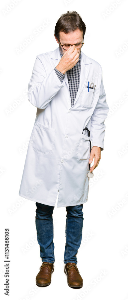 Fototapeta premium Middle age doctor men wearing medical coat tired rubbing nose and eyes feeling fatigue and headache. Stress and frustration concept.