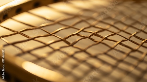 A detailed shot of a racquetball racket’s strings and frame with a focus on the tension and weave, indoor setting with even lighting, Textured style photo